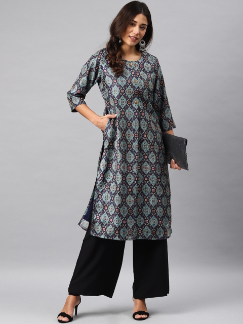 

Soch Women Navy Blue Printed Straight Kurta
