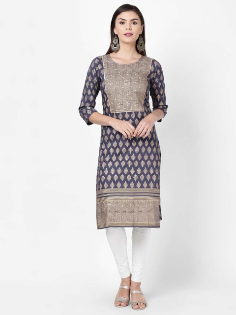 

Soch Women Blue & Gold-Toned Foil Printed Straight Kurta