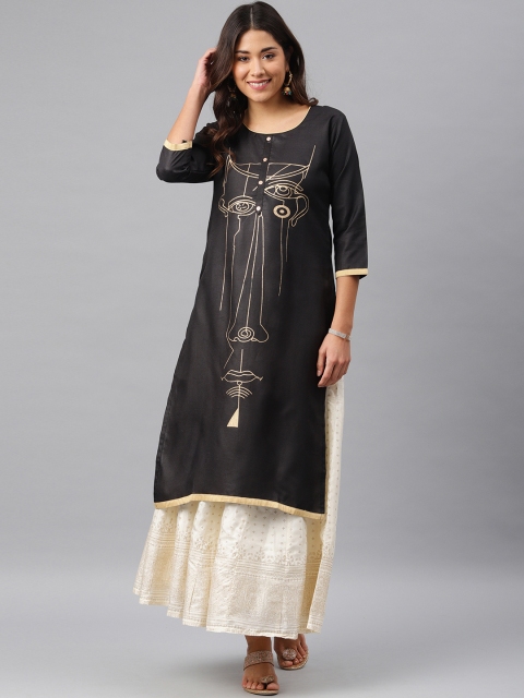 

Soch Women Black Quirky Foil Print Straight Kurta