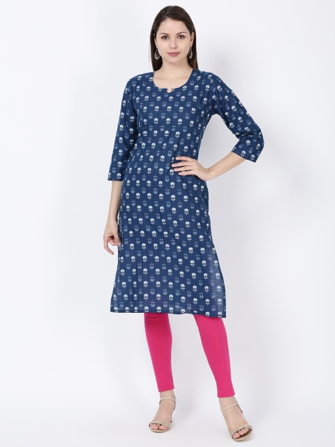 

Soch Women Blue & White Printed Pure Cotton Straight Kurta, Navy blue
