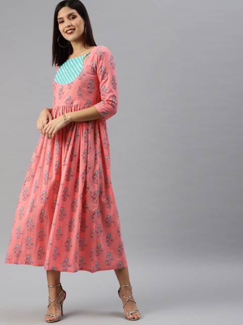 

Swishchick Women Peach-Coloured & Blue Printed A-Line Dress