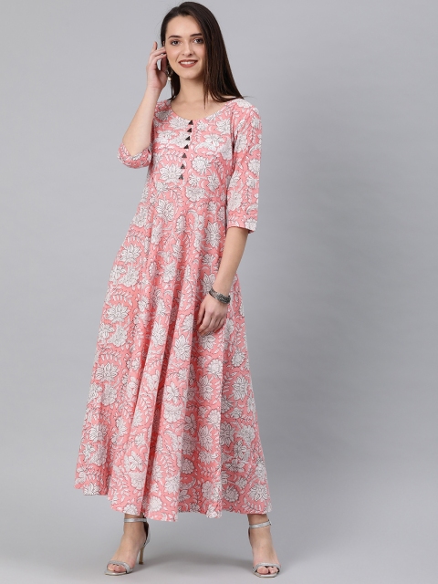 

Swishchick Women Peach-Coloured & White Floral Print Maxi Dress