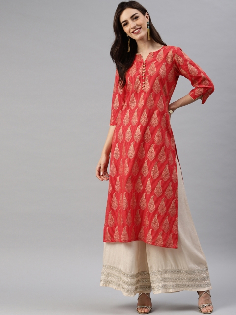

Swishchick Women Red & Golden Foil Print A-Line Kurta