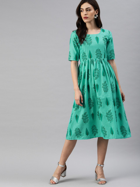 

Swishchick Women Turquoise Blue & Green Floral Print A-Line Dress