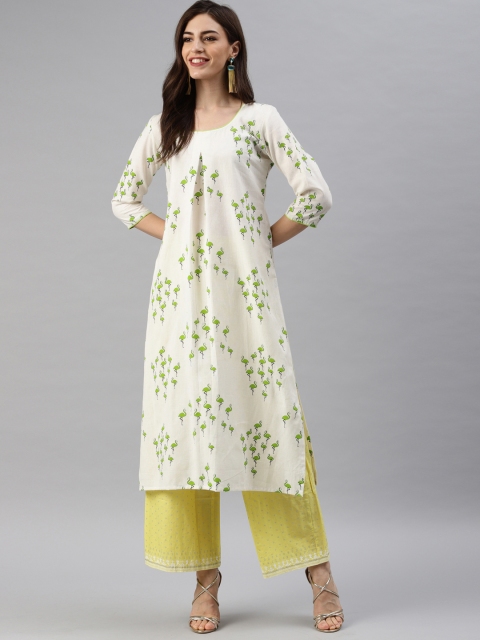 

Swishchick Women White & Green Printed A-Line Kurta