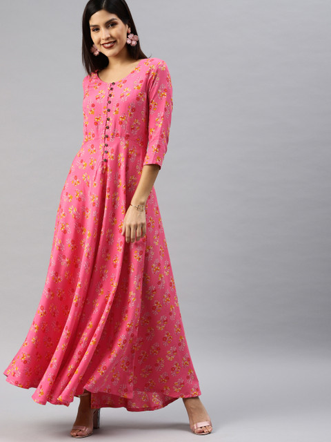 

Swishchick Women Pink & Yellow Floral Print Maxi Dress