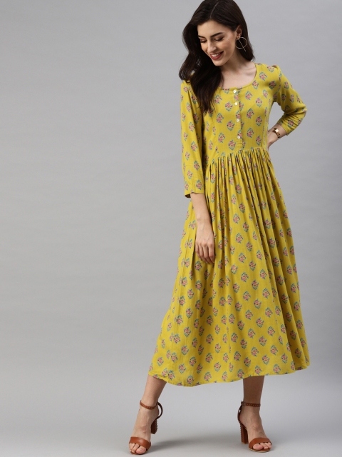 

Swishchick Women Yellow & Pink Printed A-Line Dress