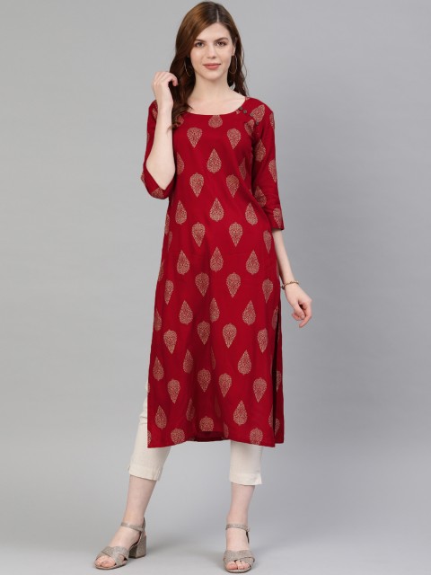

Swishchick Women Maroon & Gold-Toned Printed A-Line Kurta