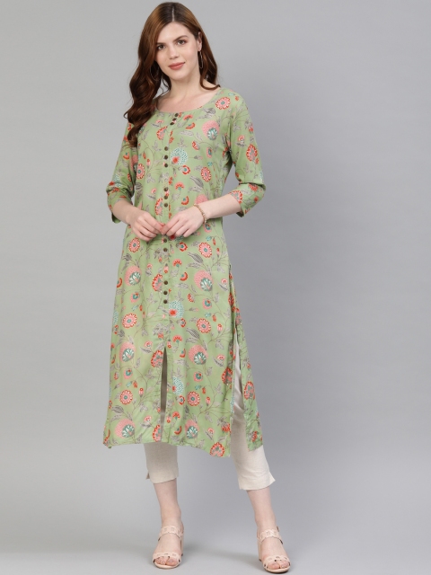 

Swishchick Women Sea Green & Pink Floral Print A-Line Kurta