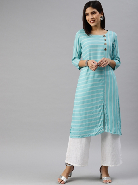 

Swishchick Women Blue & White Striped A-Line Kurta