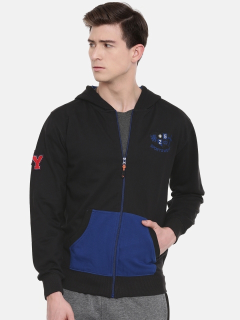 

Sports52 wear Men Black & Blue Colourblocked Comfort Fit Hooded Sweatshirt
