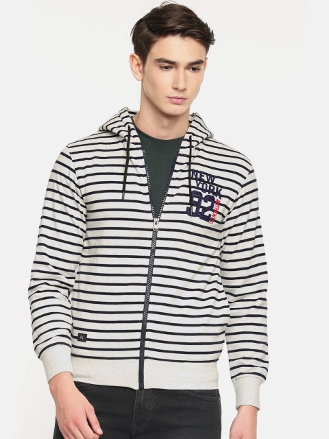 

Sports52 wear Men Grey Melange & Navy Blue Striped Embroidered Hooded Sweatshirt