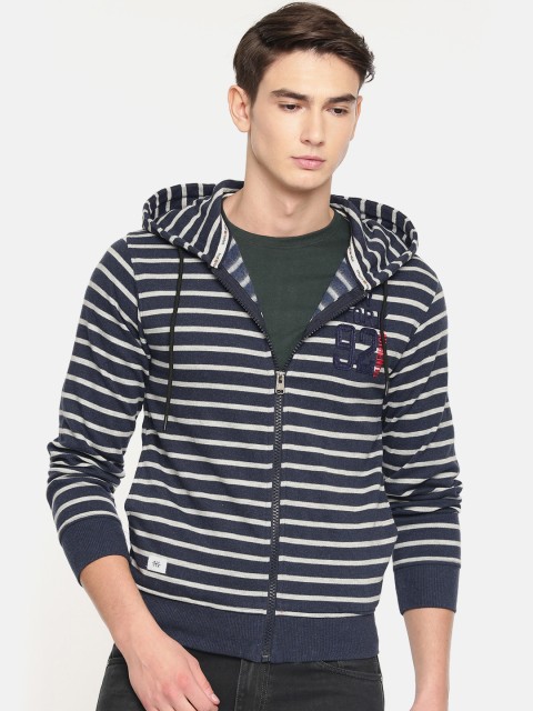 

Sports52 wear Men Navy Blue & Grey Striped Embroidered Hooded Sweatshirt