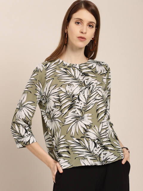 

her by invictus Women Olive Green & White Tropical Printed Top