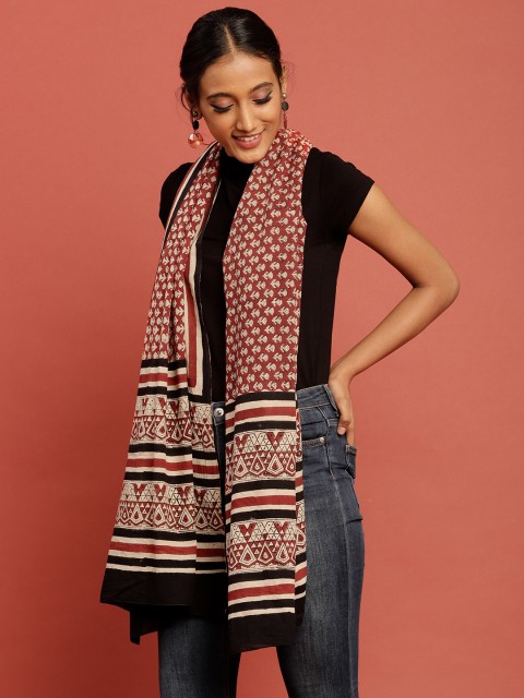 

Taavi Women Beige & Rust Red Bagru Hand Block Print Sustainable Pure Cotton Dupatta