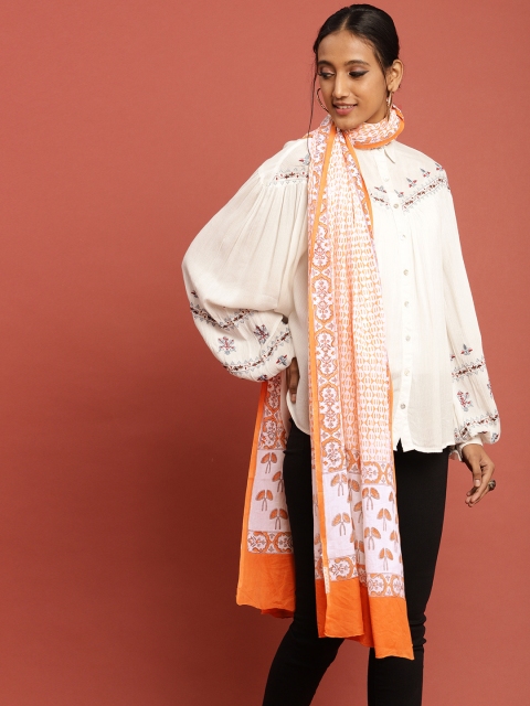 

Taavi Women White & Orange Block Print Legacy Dupatta