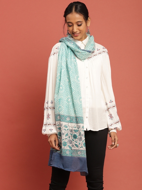 

Taavi Women White & Turquoise Blue Block Print Legacy Sustainable Dupatta