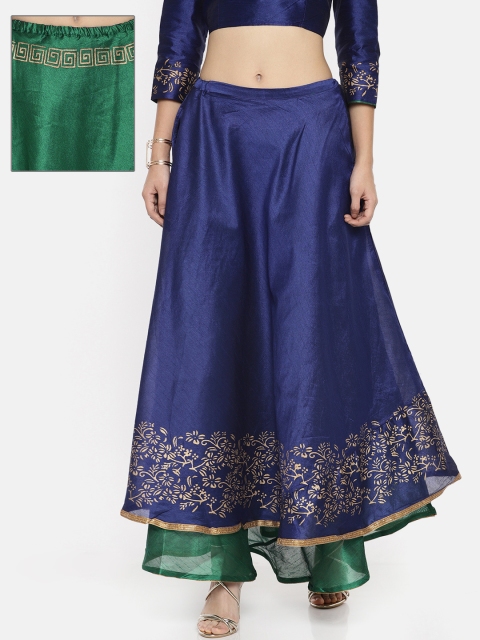 

Ira Soleil Women Navy Blue & Green Printed Layered Reversible Flared Maxi Skirt