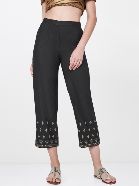 

Global Desi Women Black Embroidered Regular Cropped Trousers