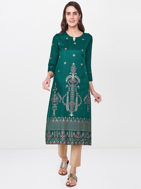 

Global Desi Women Green Printed Straight Kurta