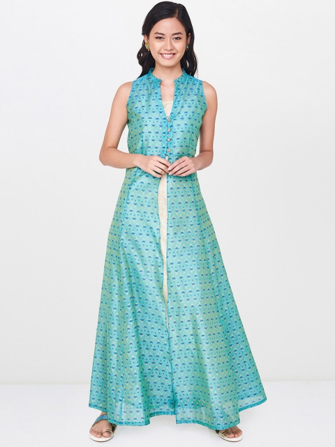 

Global Desi Women Turquoise Blue Printed A-Line Layered Kurta