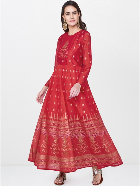 

Global Desi Women Red & Gold-Toned Printed A-Line Kurta
