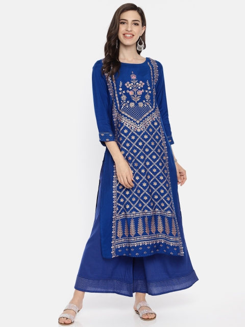 

Global Desi Women Blue & Gold-Toned Printed Straight Kurta