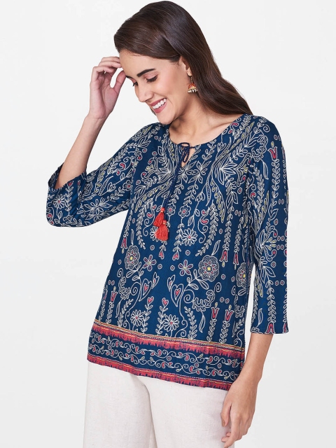 

Global Desi Women Blue Printed Top