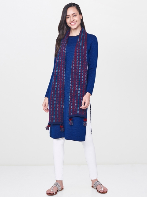 

Global Desi Women Blue & Red Woven Design Straight Sweater Kurta