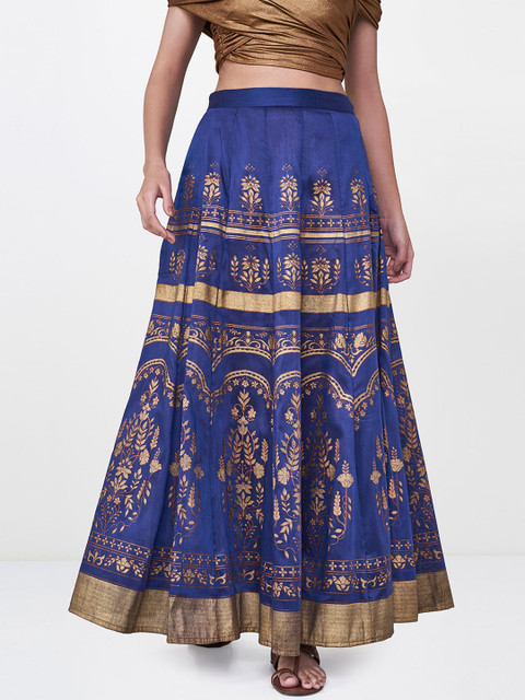 

Global Desi Women Blue & Gold-Toned Printed Flared Maxi Skirt