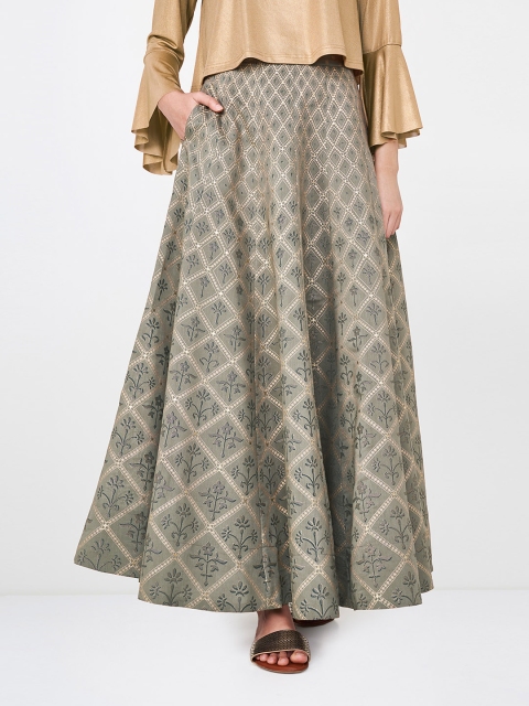 

Global Desi Women Grey Printed A-Line Maxi Skirt