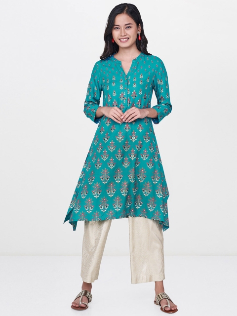 

Global Desi Women Teal Blue Printed A-Line Kurta
