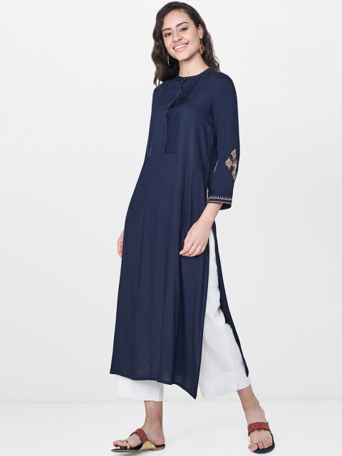 

Global Desi Women Navy Blue Solid Straight Kurta