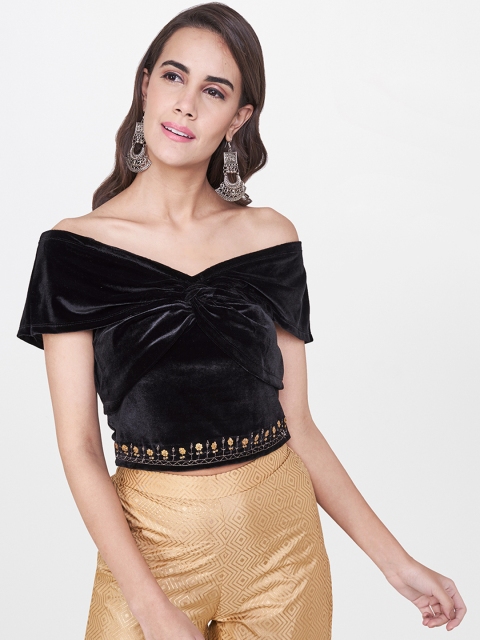 

Global Desi Women Black Solid Velvet Bardot Top