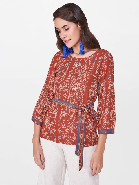 

Global Desi Women Rust Red Printed Top