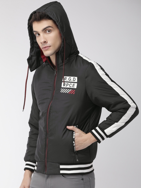 

Fort Collins Men Black Solid Bomber Jacket With Detachable Hood
