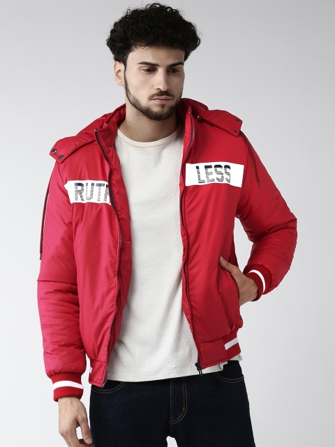 

Fort Collins Men Red Solid Hooded Bomber Jacket