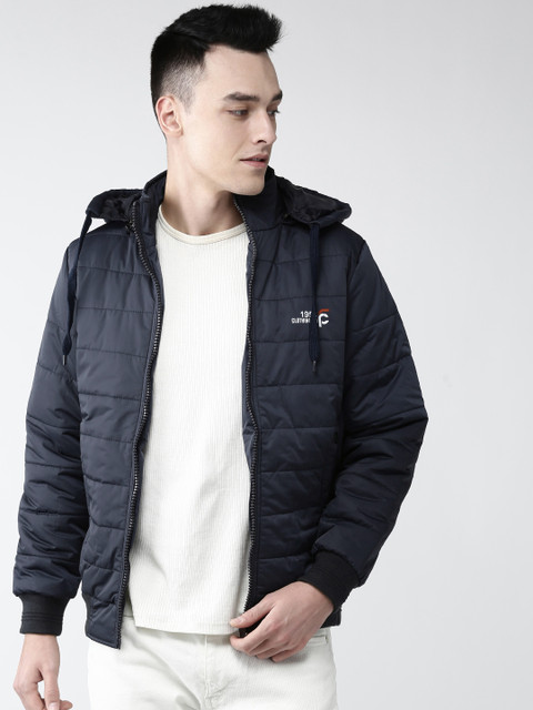 

Foreign Culture By Fort Collins Men Navy Blue Solid Bomber Jacket with Detachable Hood