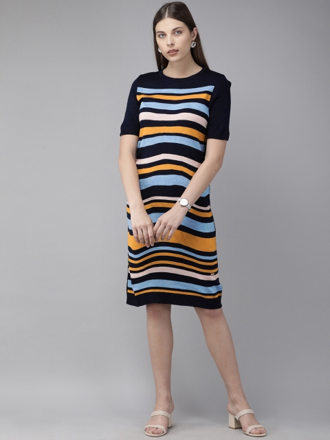 

Park Avenue Women Navy Blue & Mustard Yellow Striped Sweater Dress