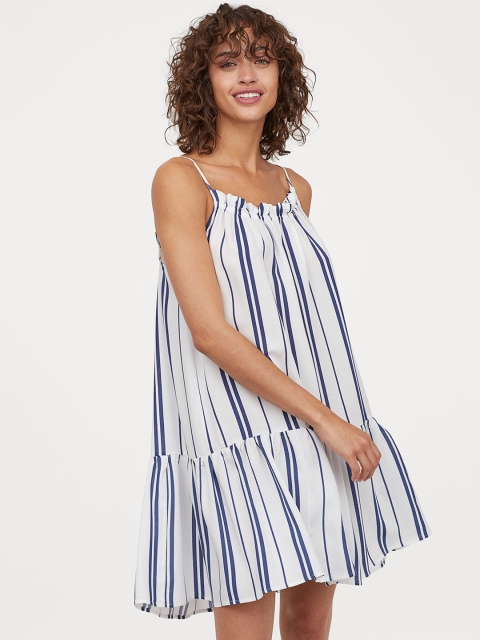 

H&M Women White & Blue Striped Flounced Dress
