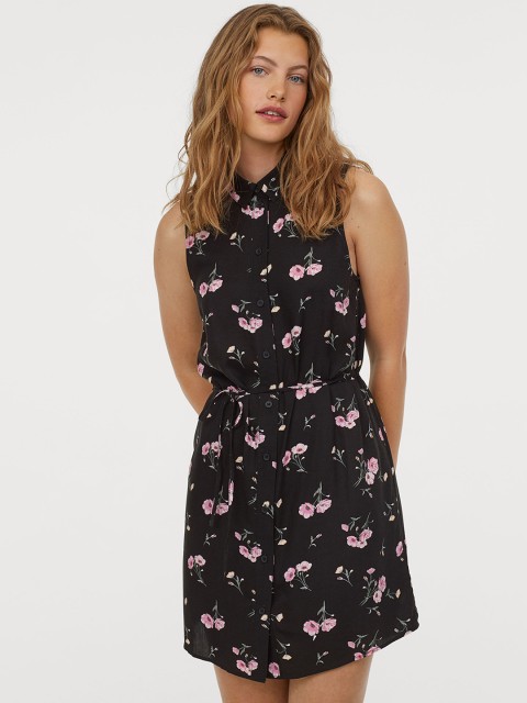 

H&M Women Black Printed Sleeveless Shirt Dress
