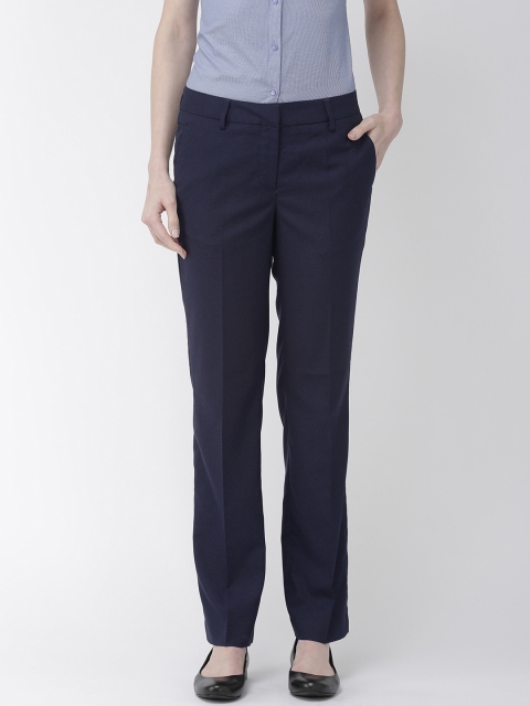 

Park Avenue Women Navy Blue & Black Straight Fit Self Design Formal Trousers