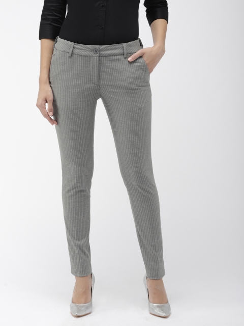 

Park Avenue Women Grey & White Tapered Fit Striped Formal Trousers