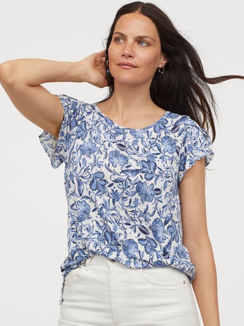 

H&M Women White Printed Flounce-Sleeved Top