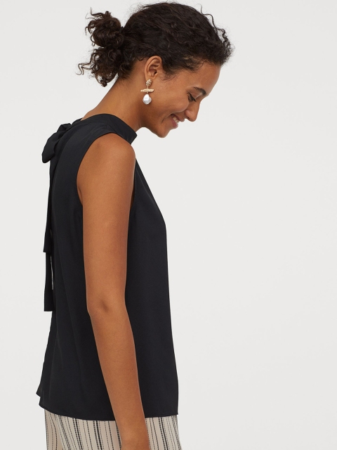 

H&M Women Black Solid Top with Ties