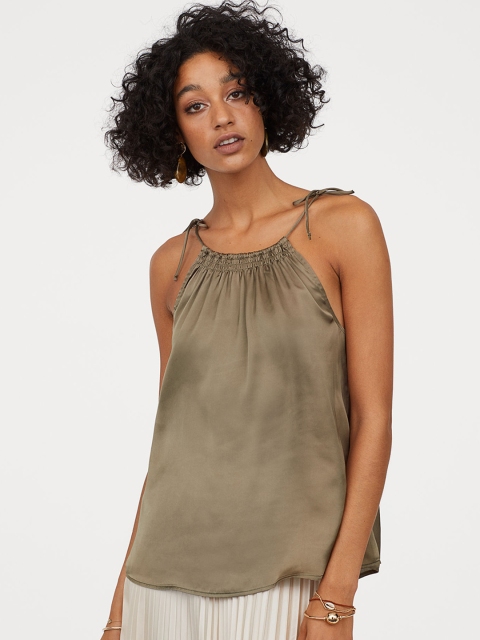 

H&M Women Green Solid Satin Strappy Top, Beige