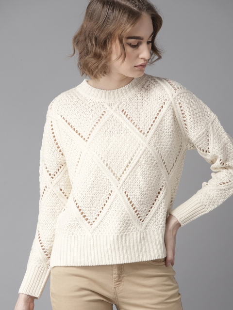 

Roadster Women Off-White Self Design Sweater