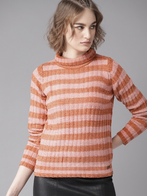 

Roadster Women Orange & Pink Striped Sweater
