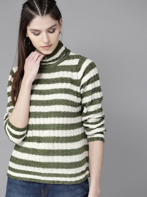

Roadster Women White & Olive Green Striped Pullover Sweater