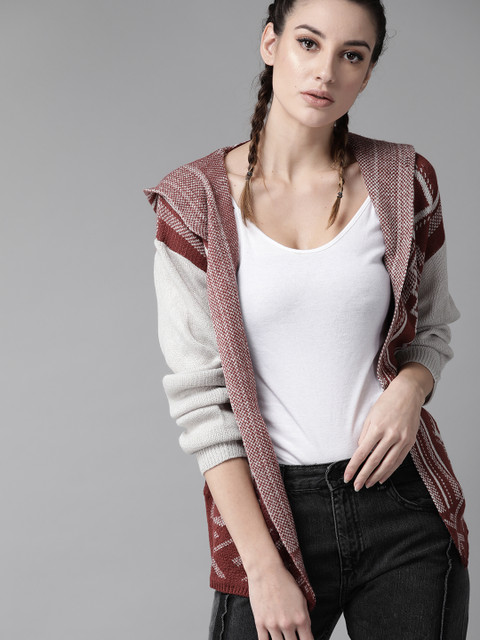 

Roadster Women Maroon & Grey Self-Design Open Front Sweater